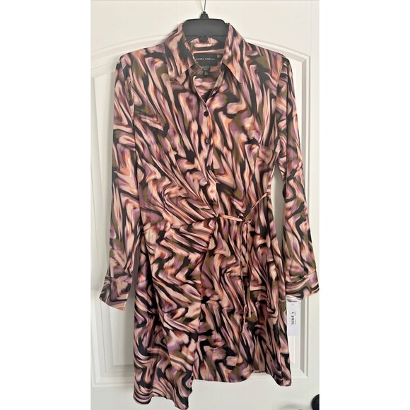 Donna Morgan Women's Satin Wavy Printed Tie-Waist Shirtdress Black Multi 2 - Picture 2 of 9